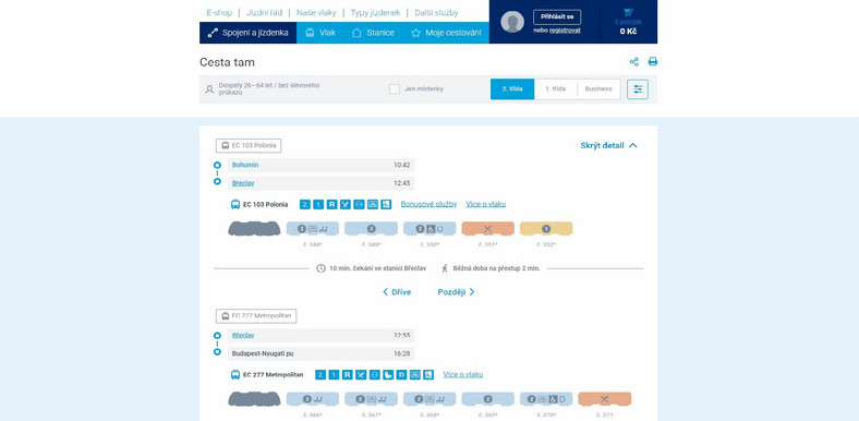 Kupując bilet na stronie internetowej kolei czeskich mamy od razu  pełne informacje o zestawieniu pociągu i dostępnych tam usługach