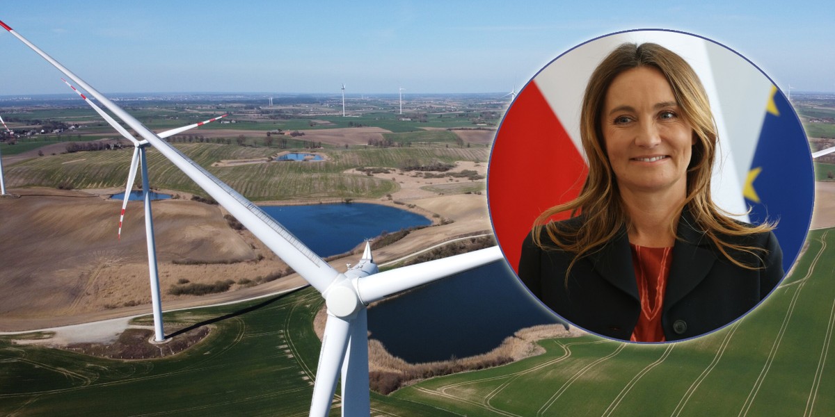 Farma wiatorwa Gawłowice, należąca do Polenergii (fot. Polenergia). Na małym zdjęciu: Dominika Kulczyk 