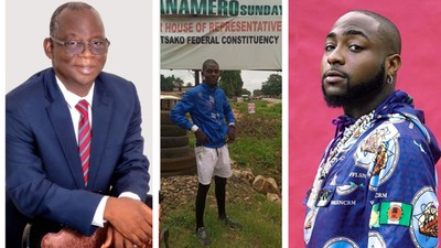 L-R: Benue senator, Emmanuel Udende; cling Davido fan, Emmanuel Myam, aka Emmiwuks; and Davido.