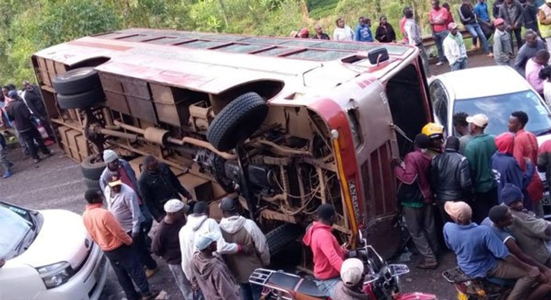 The scene where a Kensilver bus rammed into two salon cars, leaving at least 10 people injured along the Meru -Nairobi highway on January 3, 2020