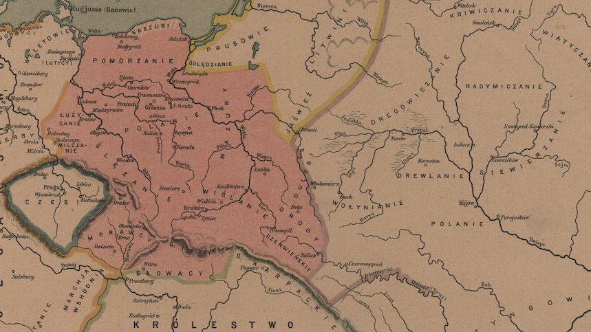 Mapa Polski za Bolesława Chrobrego, 1025 r. Wówczas do Polski należały Miśnia, Łużyce, Morawy i Grody Czerwieńskie, ale już nie Czechy z Pragą