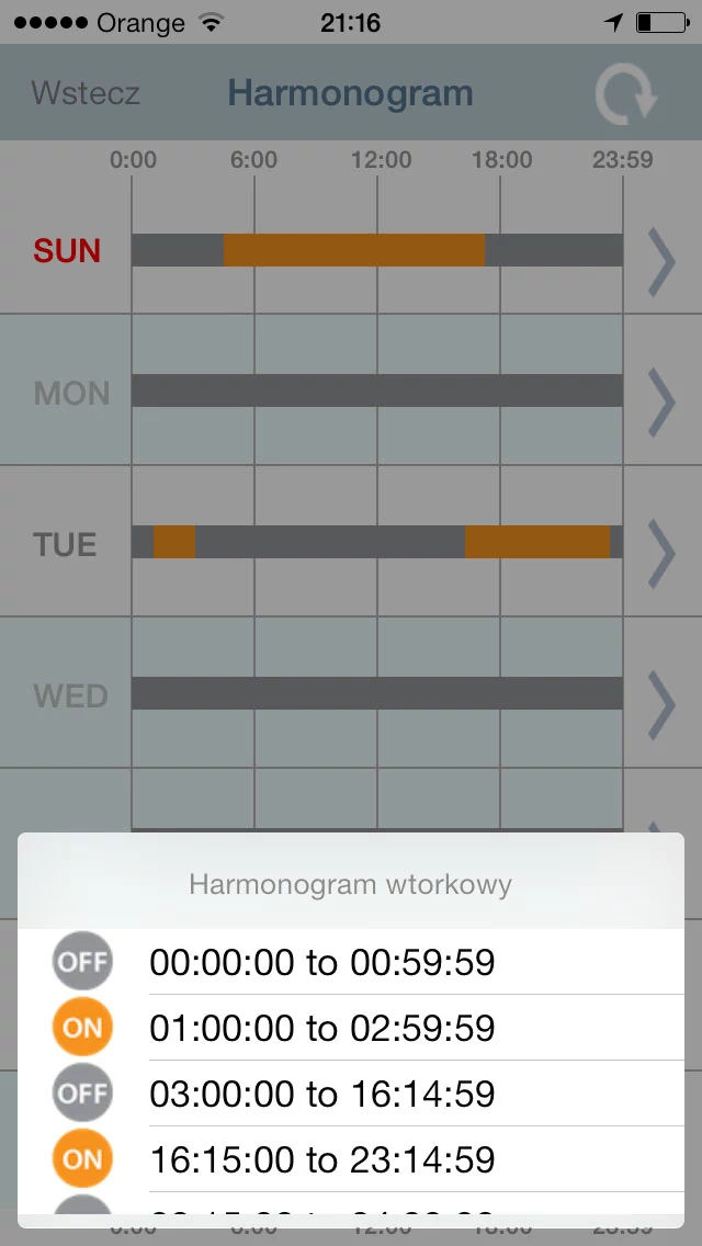 Kluczową opcją w programie jest możliwość ustawienia tygodniowego harmonogramu działania przełącznika