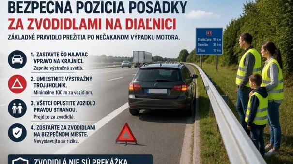 Bezpečná pozícia posádky za zvodidlami na diaľnici je základným pravidlom prežitia po nečakanom výpadku motora.