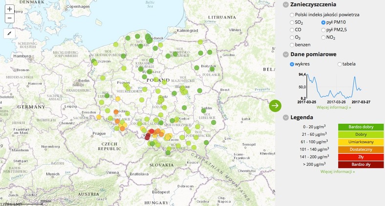 Stężenie pyłu PM10 - 2017-03-27 od godziny 04:00 do 05:00