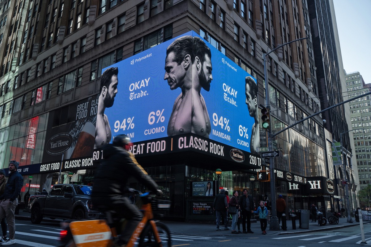 Reklama Polymarketu z prognozą zwycięstwa Zohrana Mamdaniego w wyborach burmistrza Nowego Jorku