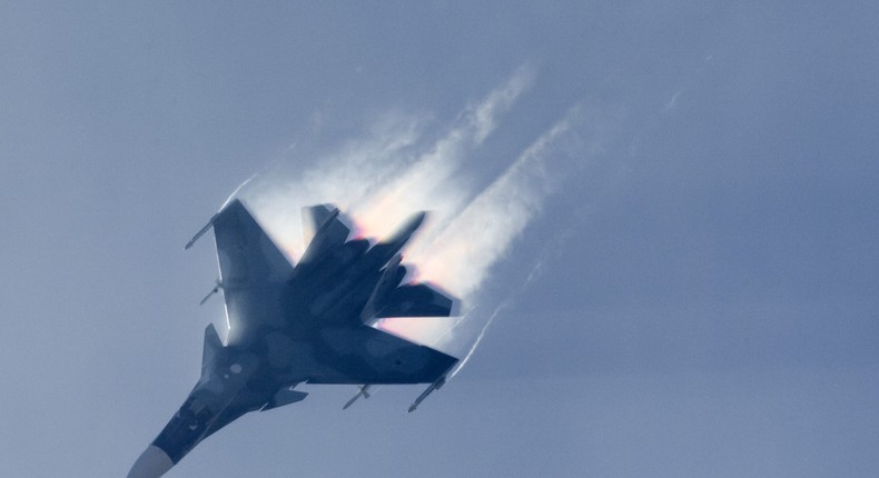 The Sukhoi Su-34 jet fighter-bomber of Russian Air Force performs its demonstration flight at MAKS-2015 airshow near Zhukovsky, Moscow Region, Russia.aviation-images.com