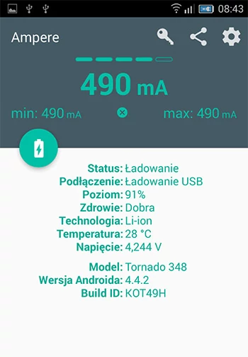 Okno aplikacji podczas ładowania telefonu przez port USB 2.0