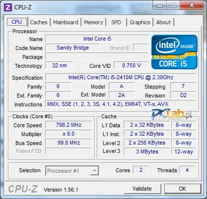 Energooszczędny, a przy tym całkiem szybki procesor Intel Core i5-2410M. Dzięki funkcji Turbo może osiągać 2,9 GHz