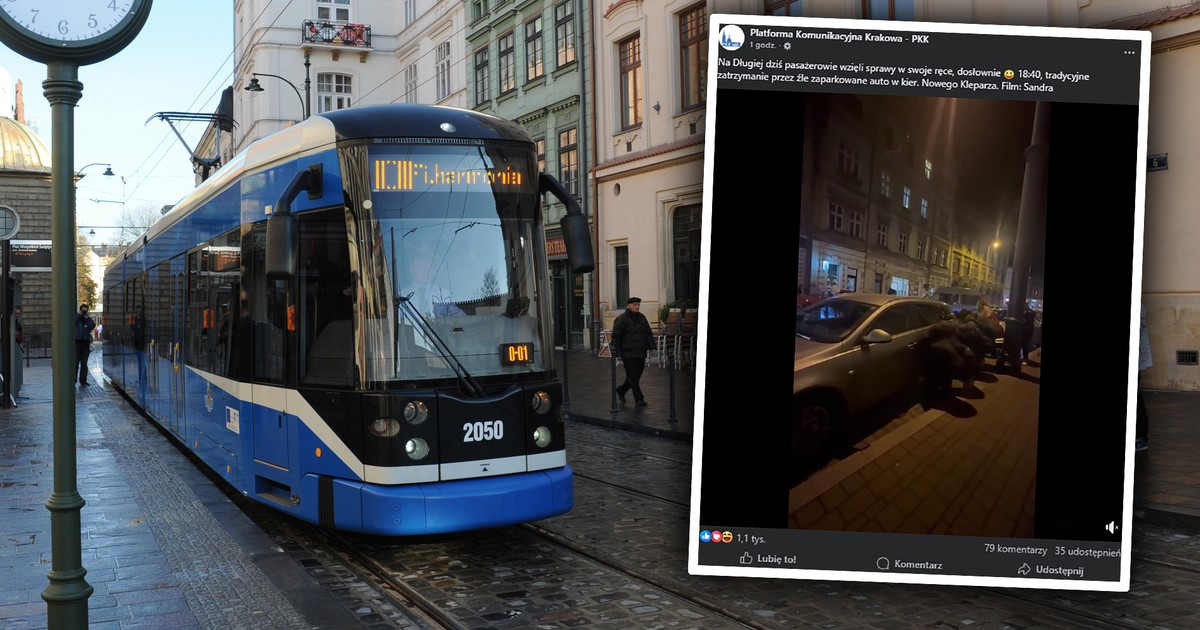 Niezwykła akcja w centrum Krakowa. Wysiedli z tramwaju i zaczęli przesuwać auto