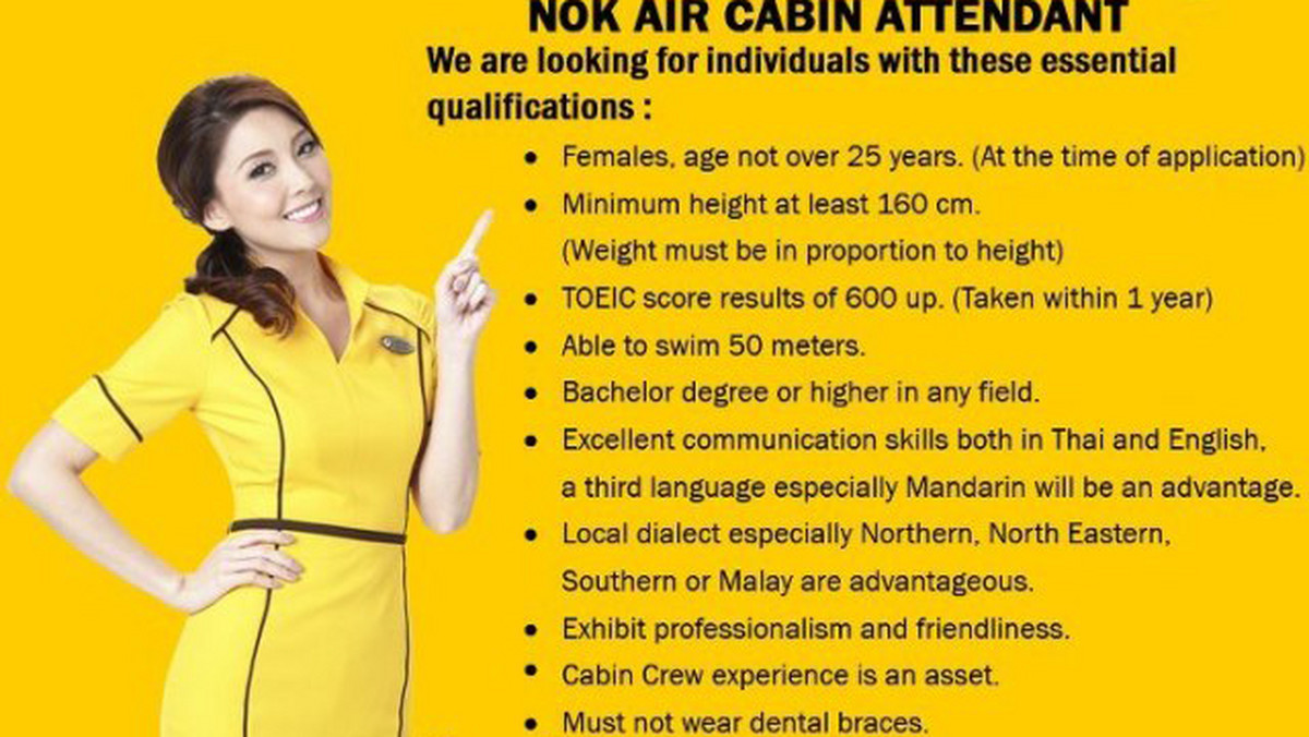 Tajlandzkie linie lotnicze Nok Air ogłosiły nabór stewardess - młodych, o miłej prezencji, zdolnościach językowych i... bez aparatów ortodontycznych.