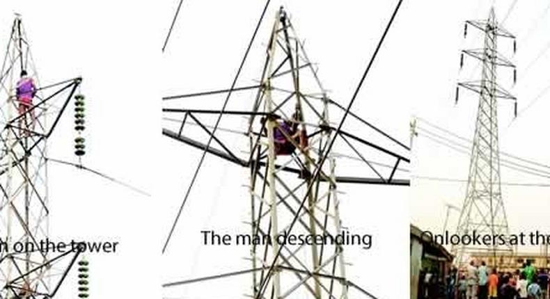 Man climbs high tension tower