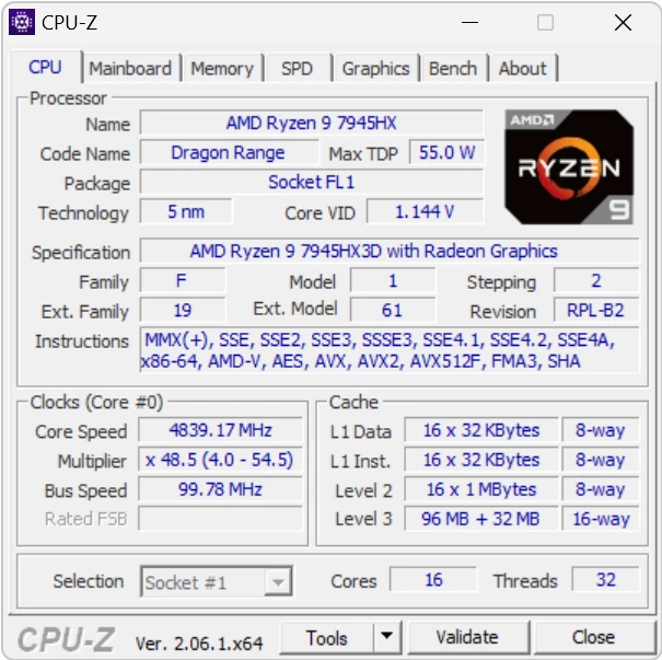 CPU-Z – specyfikacja procesora AMD Ryzen 9 7945HX3D