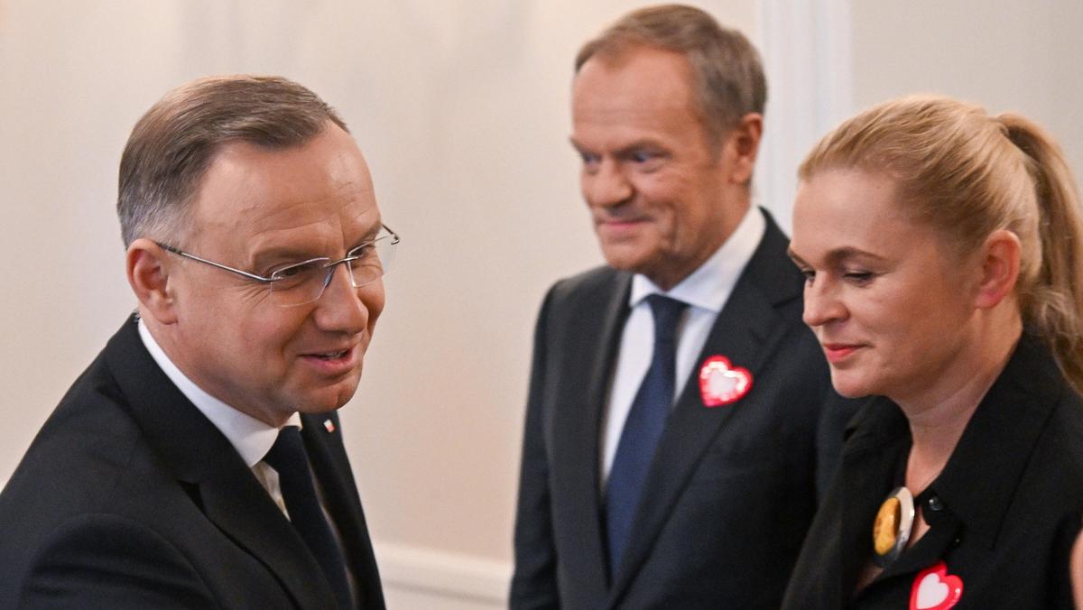 Donald Tusk i Barbara Nowacka podczas spotkania z prezydentem Andrzejem Dudą