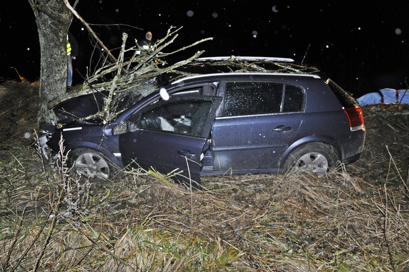 Tego kierowcę oślepiły światła samochodu jadącego z naprzeciwka. Oślepiony kierowca wpadł w poślizg i po przejechaniu rowu wbił się w drzewo