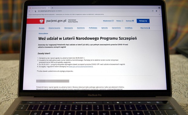 Strona internetowego konta pacjenta, 1 bm. Poprzez konto można wziąć udział w rozpoczętej dzisiaj Loterii Narodowego Programu Szczepień.