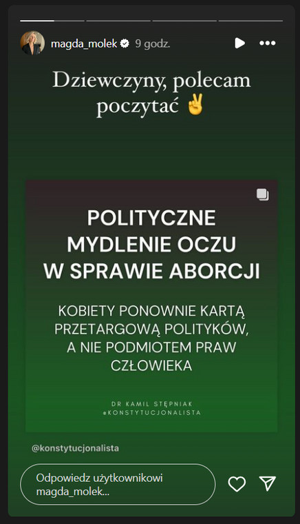 Screen z relacji na profilu Magdy Mołek na Instagramie