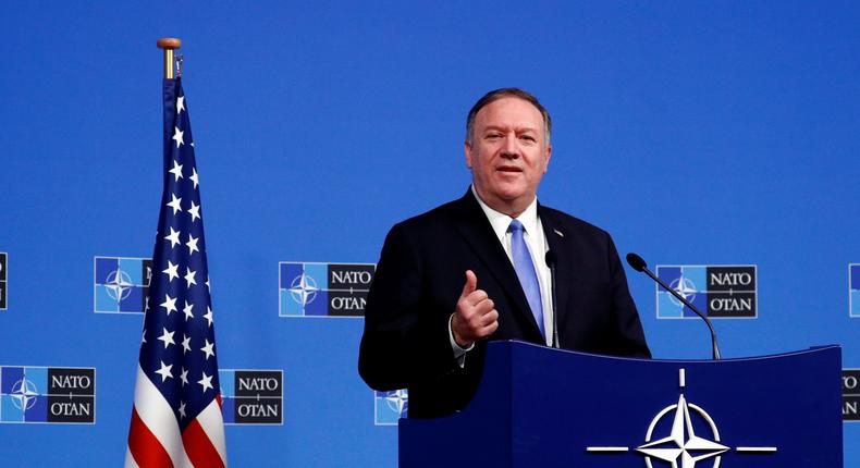 FILE PHOTO: U.S. Secretary of State Mike Pompeo holds a news conference at the Alliance headquarters in Brussels, Belgium November 20, 2019. REUTERS/Francois Lenoir