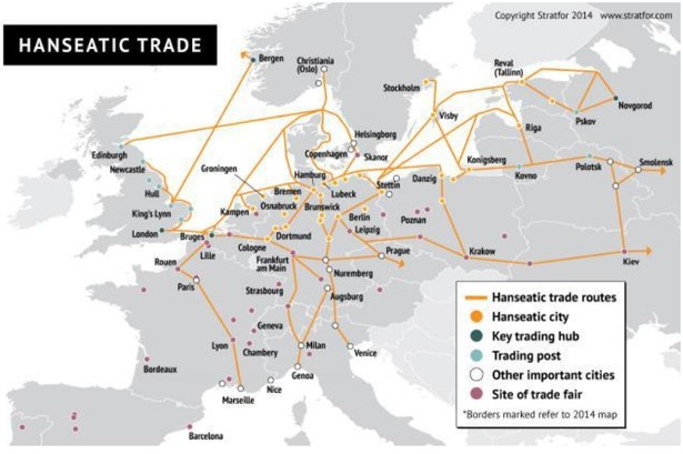 Sieć handlu hanzeatyckiego w Europie. Na żółto zaznaczono miasta hanzeatyckie, na ciemnoniebiesko - kluczowe centra handlu, na błękitno - placówki handlowe (faktorie), na biało - inne ważne miasta, na fioletowo - miasta targowe. Zaznaczone granice państw odnoszą się do współczesnej Europy. Źródło: Stratfor.