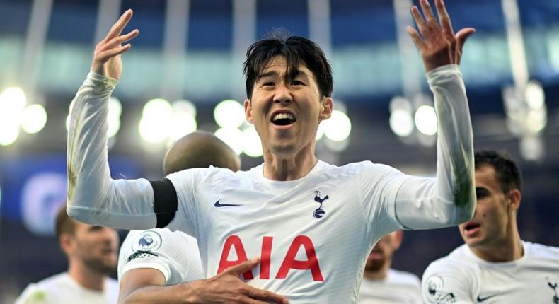 Tottenham forward Son Heung-min celebrates against Aston Villa Creator: JUSTIN TALLIS