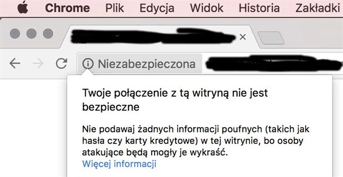 Komunikat o treści Niezabezpieczona z Chrome 56