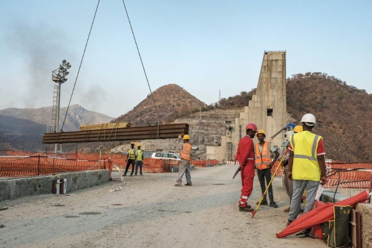 Construction is carried out at the Grand Ethiopian Renaissance Dam, near Guba in Ethiopia, in December 2019