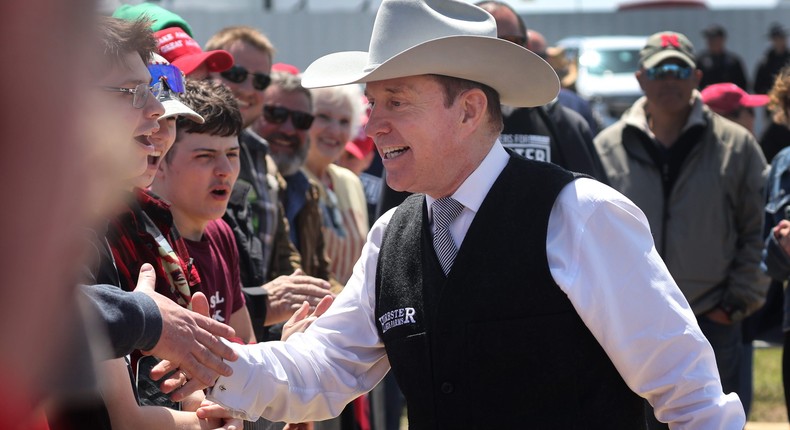 Nebraska candidate for governor Charles Herbster greets guests before the start of a rally with former President Donald Trump on May 01, 2022 in Greenwood, Nebraska.