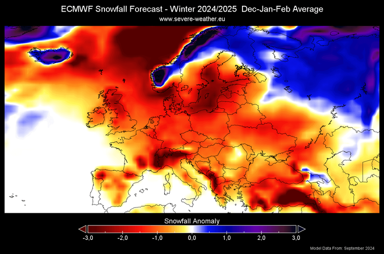 Prognozowana anomalia pokrywy śnieżnej w Europie od grudnia do lutego