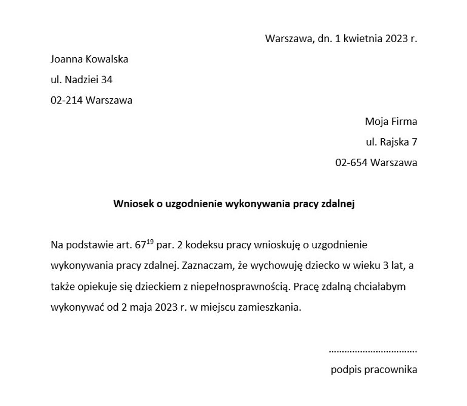 Przykładowy wzór wniosku o pracę zdalną