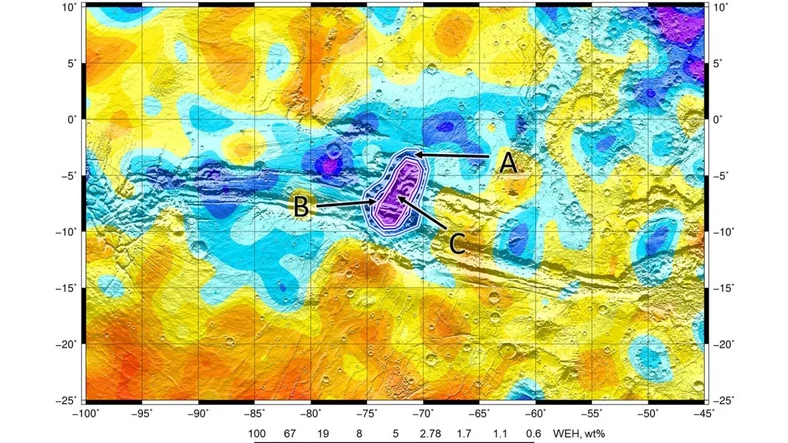 Mapa pokazuje obszary kanionu o największym stężeniu wodoru