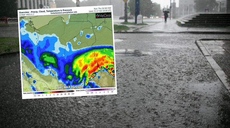 Do Polski nadciąga silna ulewa (mapa: wxcharts.com)