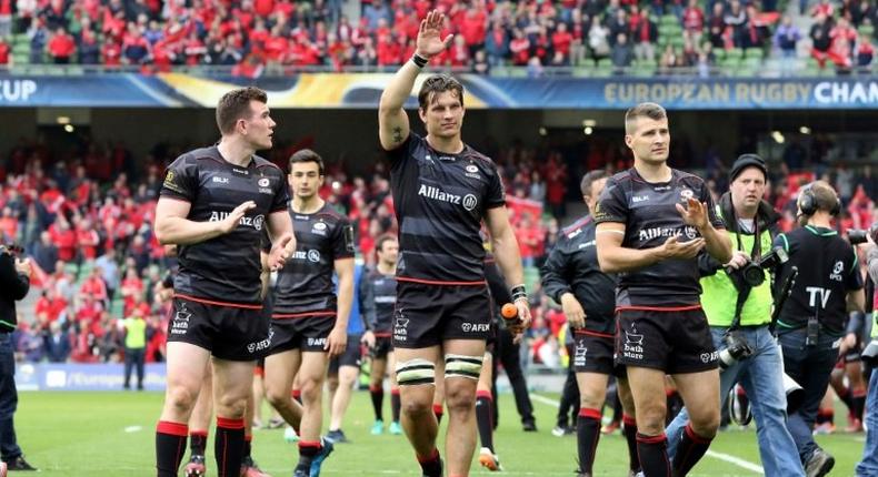 Saracens players celebrate victory on the final whistle on April 22, 2017