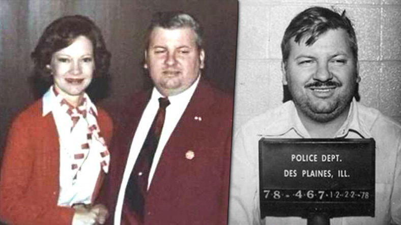 John Wayne Gacy z Rosalynn Carter i zdjęcie policyjne Gacy'ego z 1978 r.