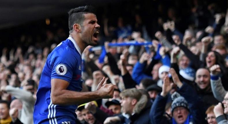 Chelsea's striker Diego Costa celebrates after scoring on December 11, 2016