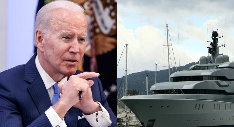 Joe Biden (left) and the superyacht Tango seized by the US.
