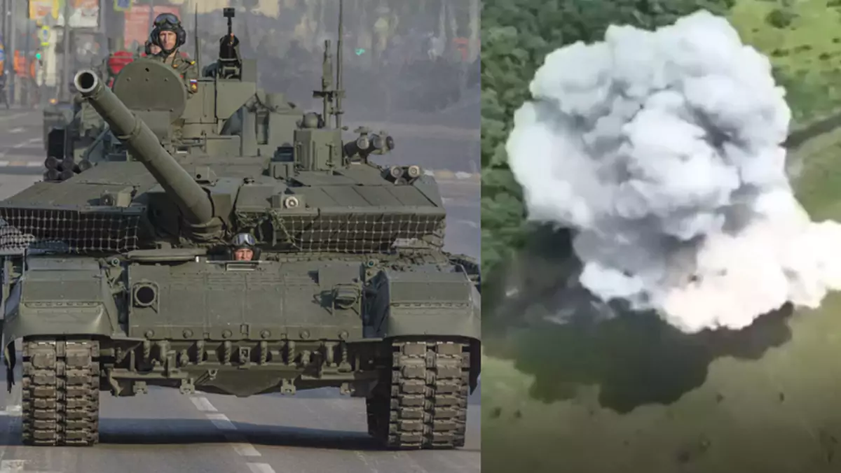 Z rosyjskiego czołgu zostały tylko powyginane części i chmura dymu (Screen: Telegram/ButusovPlus)