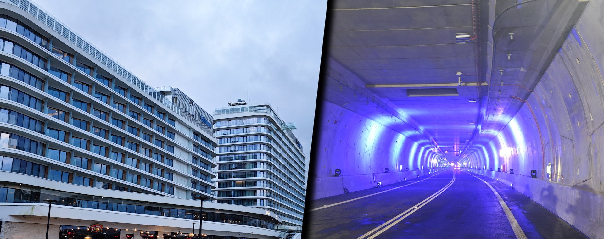 Centrum Świnoujścia (po prawej) i tunel w chwili otwarcia.