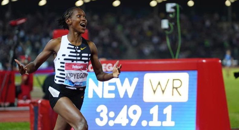 Kenya's Faith Kipyegon setting a new world record during the Wanda Diamond League 2023 Golden Gala on June 2, 2023 at the Ridolfi stadium in Florence, Italy.