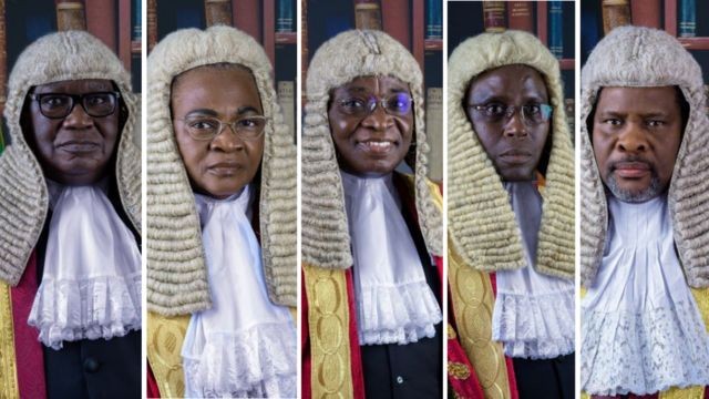 The five judges that determined the fate of Atiku Abubakar, Bola Tinubu and Petr Obi o Wednesday, September 6, 2023. [Punch]