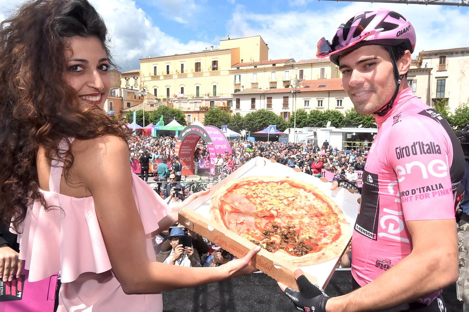 A big pizza pie for race leader Tom Dumoulin of the Netherlands. Welcome to Italy.