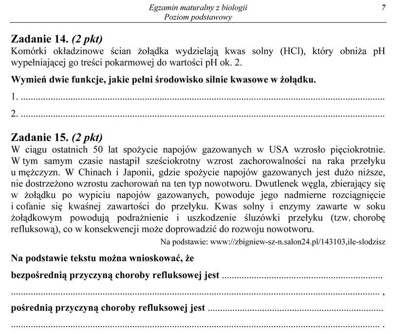 Arkusze maturalne z biologii, zadanie 14 i 15