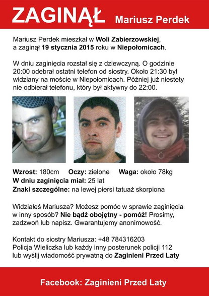 Jeden z plakatów, przy pomocy których Mariusz poszukiwany jest w mediach