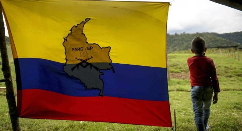 A boy stands next to a FARC-EP flag in the group's birthplace in Marquetalia, center-west Colombia