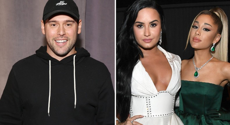 Scooter Braun and two of his former clients Demi Lovato and Ariana Grande.Michael Tran/Getty Images, Kevin Mazur/Getty Images for The Recording Academy