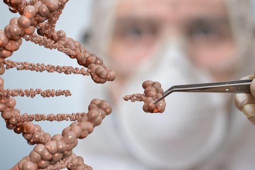 Scientist is replacing part of a DNA molecule. Genetic engineering and gene manipulation concept.