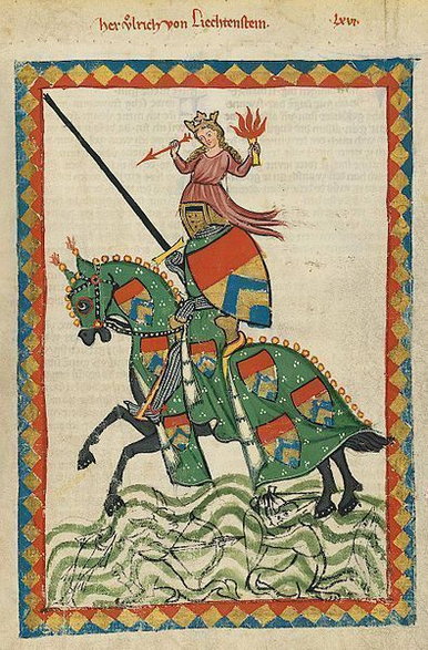 Portret Ulryka von Liechtenstein pochodzący z Codexu Manesse (domena publiczna)