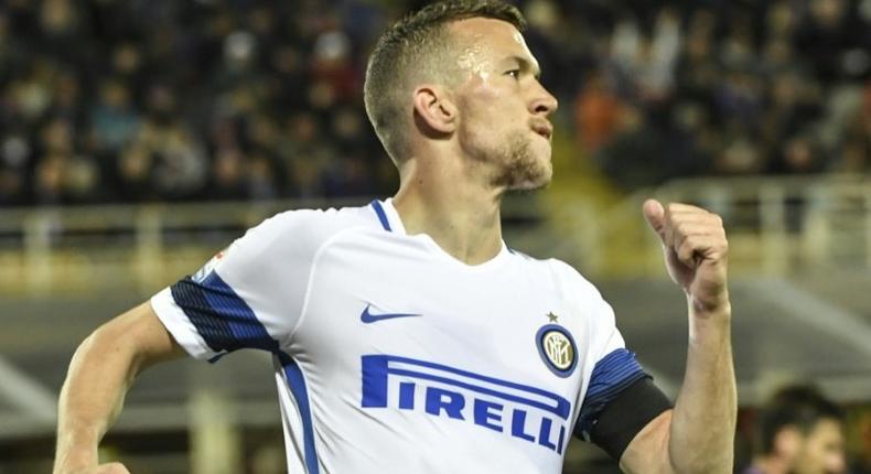 Inter Milan's forward Ivan Perisic celebrates after scoring on April 22, 2017