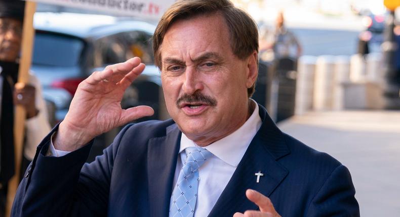 MyPillow chief executive Mike Lindell, speaks to reporters outside federal court in Washington, Thursday, June 24, 2021.
