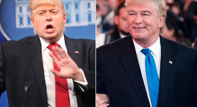 Anthony Atamanuik, left, and Alec Baldwin doing their respective Donald Trump impersonations.