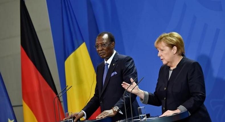 German Chancellor Angela Merkel and Chad President Idriss Deby address the media after a meeting at the Chancellery in Berlin, Germany October 12, 2016.