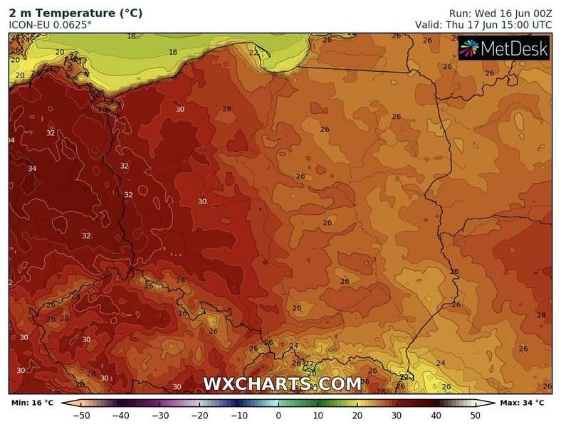 Prognozowana temperatura w czwartek po południu